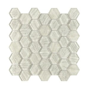 Light gray marble look hexagon glass mosaic sheet with mixed smooth and textured chips