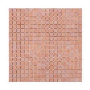 Full sheet of light peach square glass mosaic tile on a light background