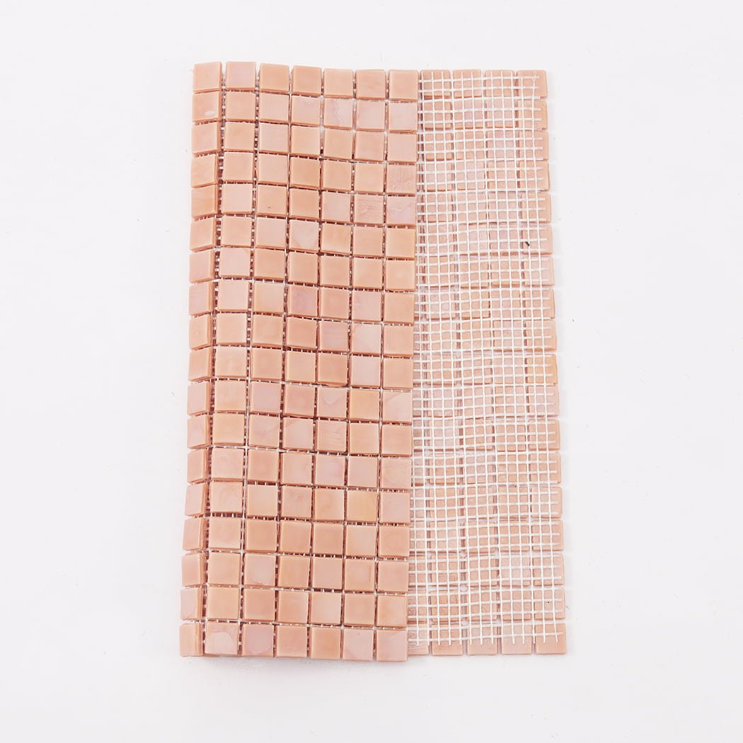 Light peach square glass mosaic tile sheet showing front and mesh backing