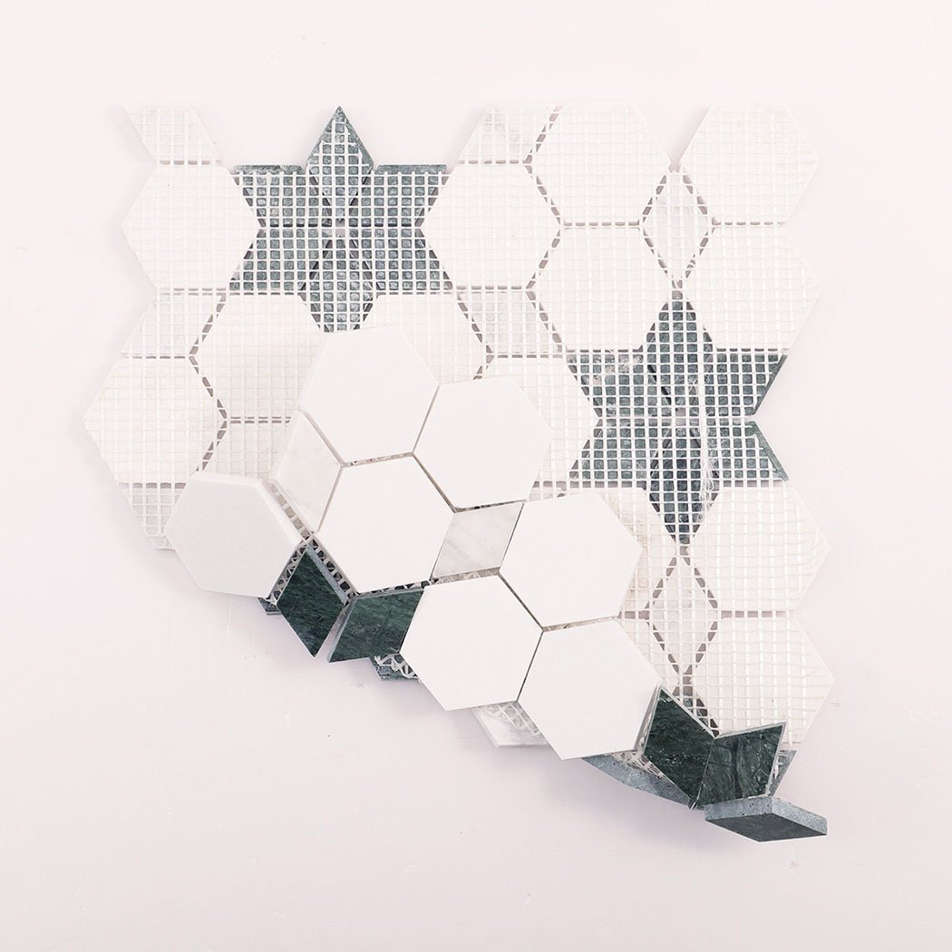 Back view of mosaic tile sheet showing mesh backing and star assembly.