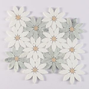 Mosaïque en marbre – blanc / vert, motif floral, pour sol — BJ-8C6A8EB3908D