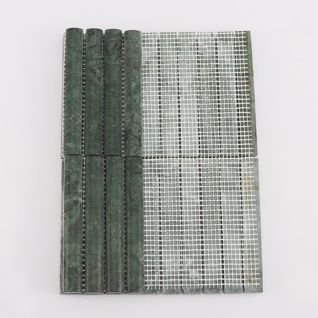 Rear view showing the white mesh mounting on the back of green marble mosaic tiles.