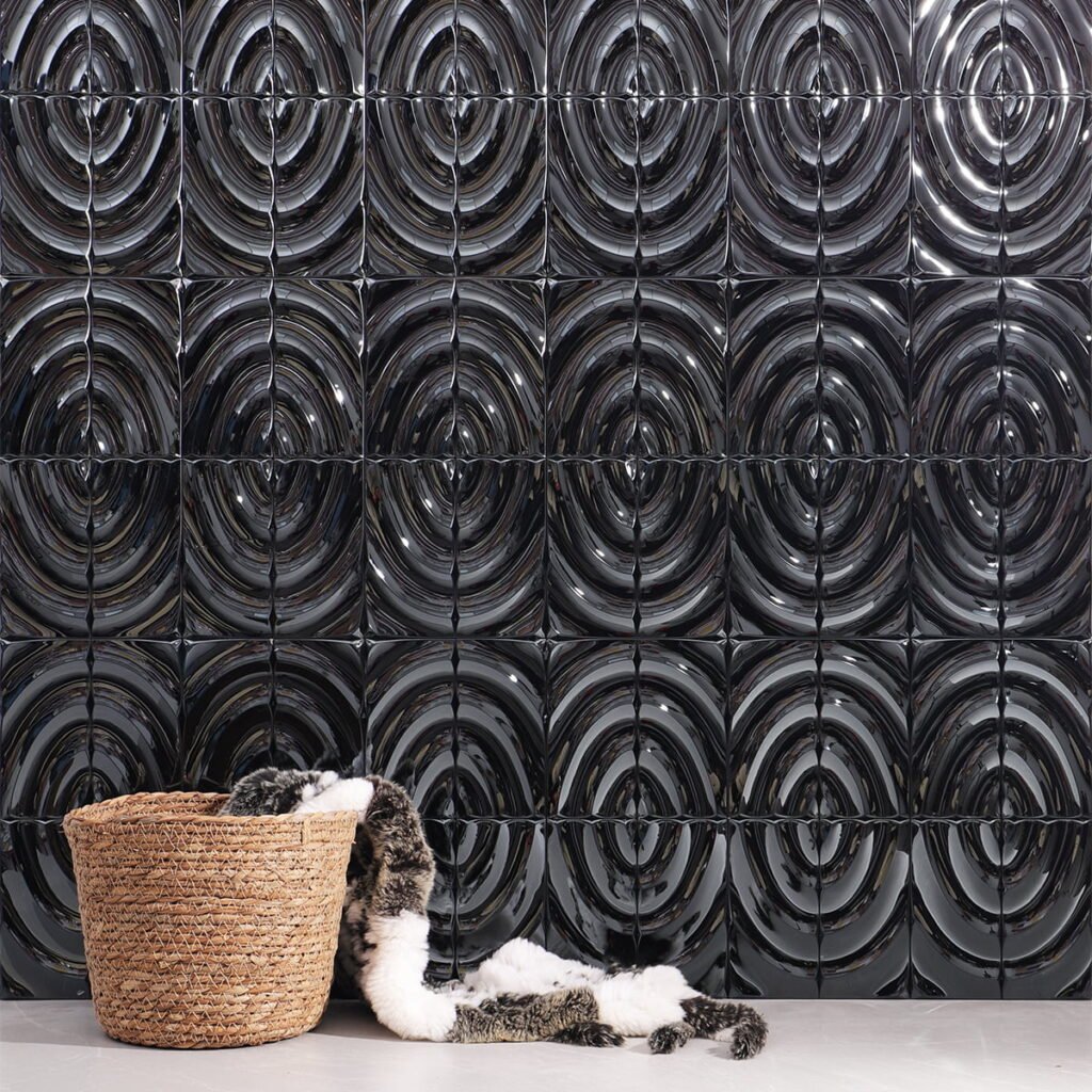 Metallmosaikfliesen – Schwarz, Wellenmuster, Spiegeloptik, 3D-Struktur
