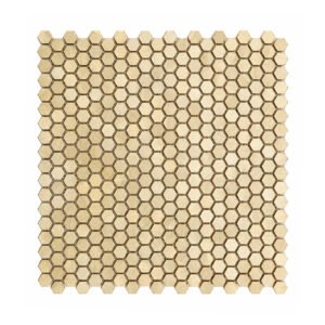 Overhead product display of mini gold hexagon aluminum wall tile sheet