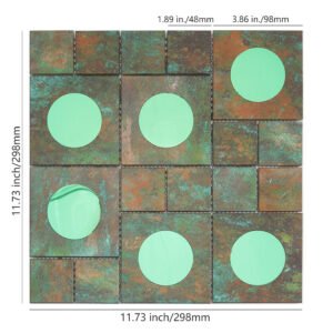 Väggmosaik i bronsfärgad aluminium med detaljer i mintgrönt glas