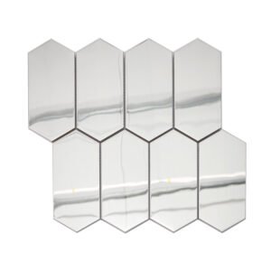 Front view of mirror silver elongated hexagon metal mosaic tile sheet.