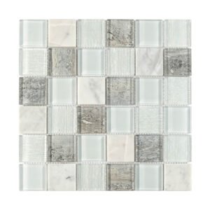 Mixed frosted aqua gray and white square mosaic tile front view