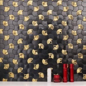 Modern wall decorated with black and gold stainless steel fan mosaic tiles and cosmetics