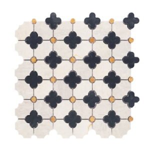 Front view of Nero Marquina and gray clover marble mosaic tile sheet.