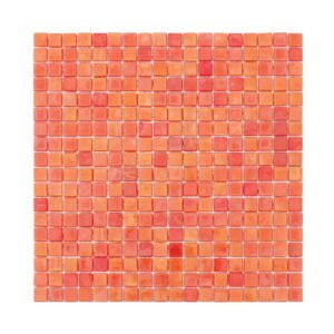 Full sheet of orange mixed square glass mosaic tile on a light background