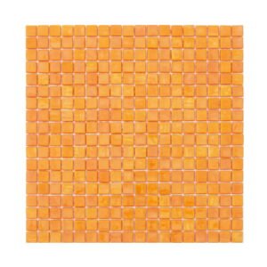 Full sheet of orange yellow square glass mosaic tile on a light background
