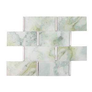 Pale green marble look glass subway mosaic tile sheet with silver accents