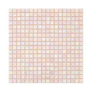 Full sheet of pale pink iridescent square glass mosaic tile on a light background
