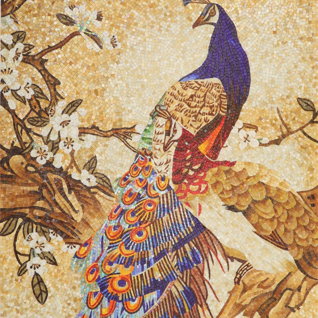 Mural de mosaico – de pavo real, flores, hecho a mano — BJ-3B744B5C2E41