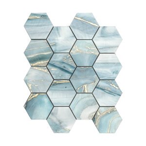 Flat top view of peel and stick blue aluminum mosaic sheet