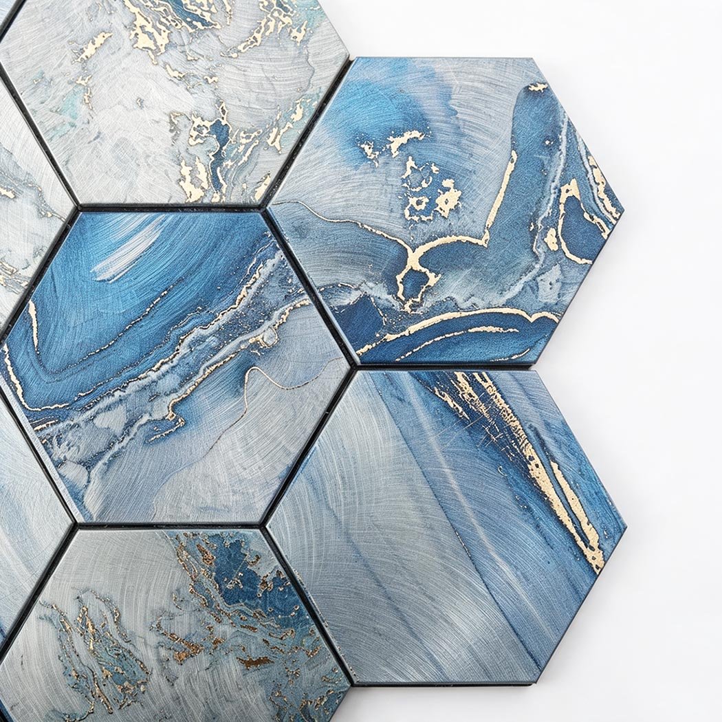 Corner view of dark blue and gold hex peel and stick mosaic