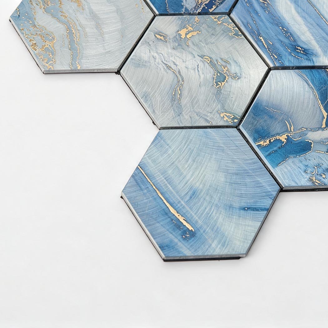 Side view showing thickness of dark blue aluminum hex tile