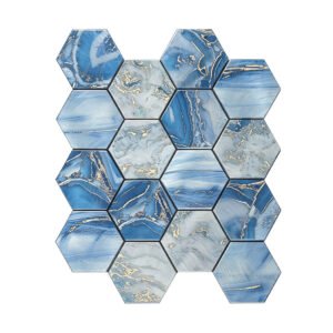 Flat top view of peel and stick ocean blue aluminum mosaic