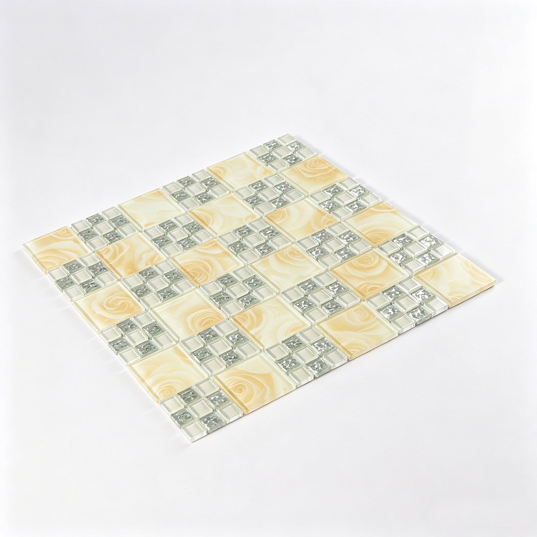 Perspective view of cream rose and silver square glass mosaic tile sheet