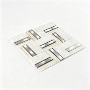 Piastrelle a mosaico in vetro e marmo – bianco / dorato / argentato