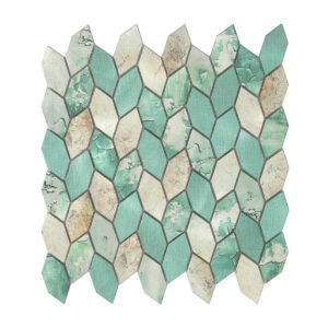 Top view of a picket shaped mint green rustic aluminum metal mosaic tile sheet.