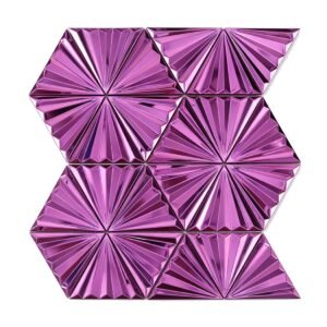 Front view of pink 3D fan triangle metal mosaic tile sheet