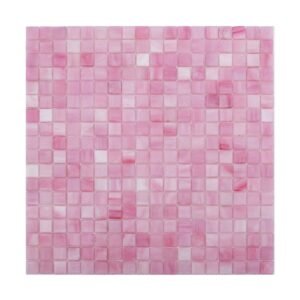 Front view of a pink square glass mosaic tile sheet with vibrant color variation