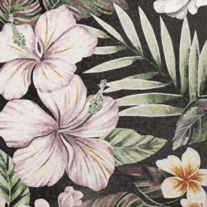 Pink hibiscus and tropical leaves glass mosaic mural on black background