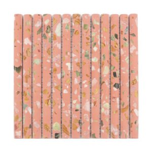Full sheet of pink terrazzo rounded strip mosaic tile with multicolor stone chips