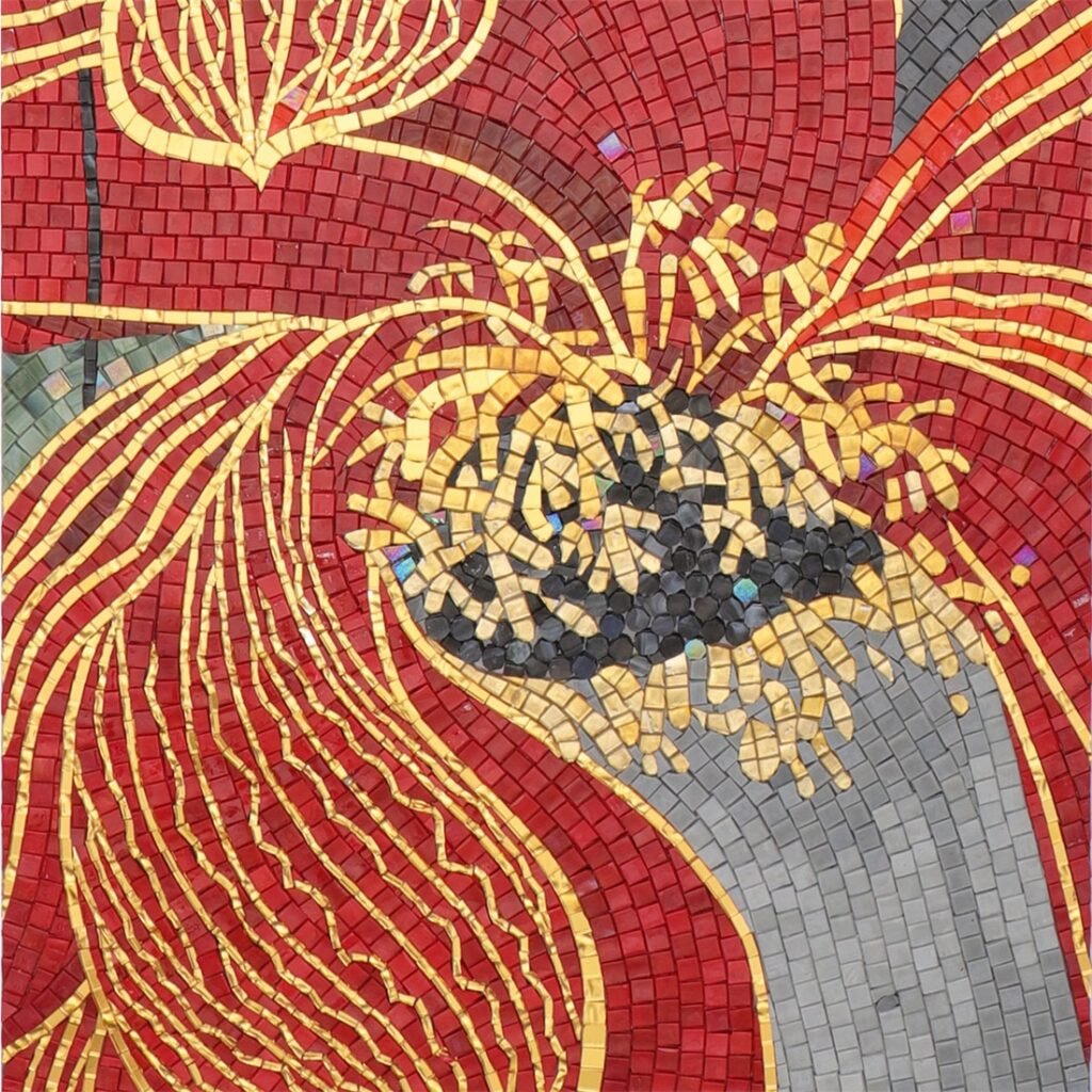 Panneau mural en mosaïque – doré / rouge, motif lotus, en verre