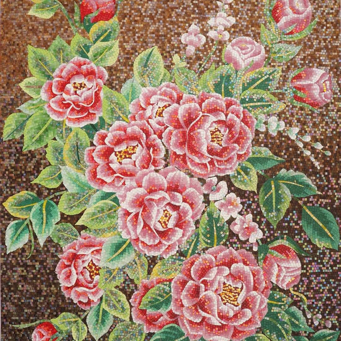 Red peony floral mosaic mural with green leaves on a brown tile background