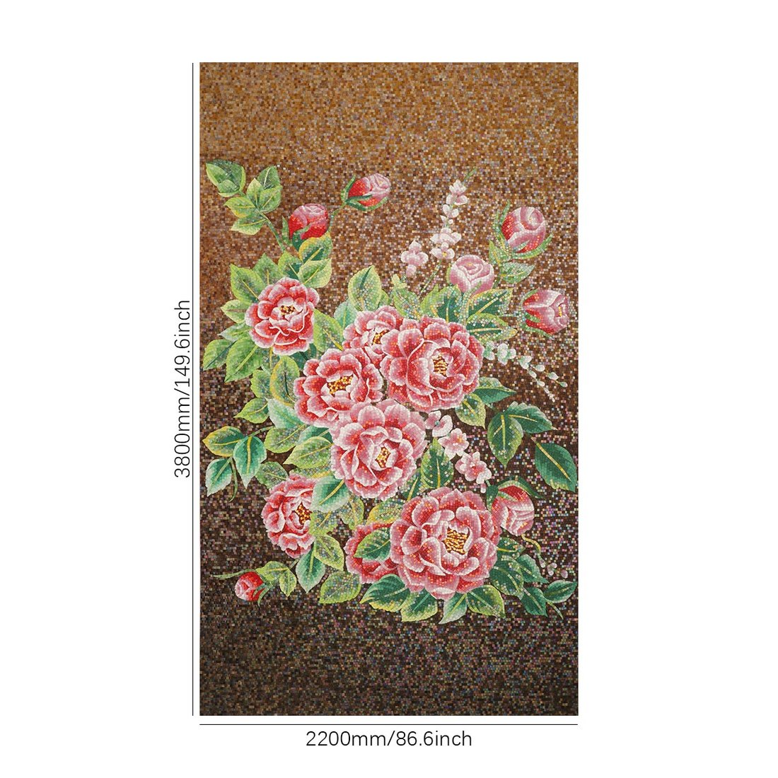 Full red peony mosaic wall mural with 2200 mm by 3800 mm size marks