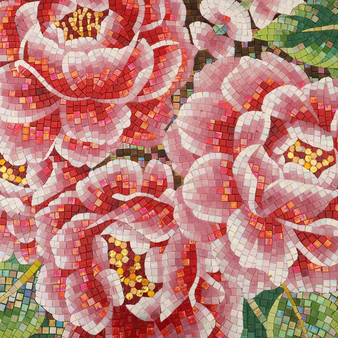 Cluster of red and pink peony flowers in a detailed mosaic tile mural