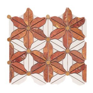 Front view of red travertine and white flower marble waterjet mosaic tile sheet.