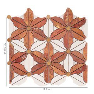 Piastrelle a mosaico in travertino – bianco / rosso, floreale, per pavimenti
