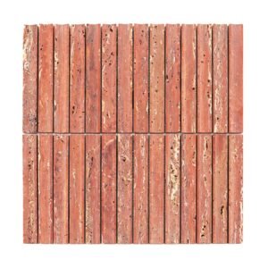 Full sheet of red travertine linear mosaic tile with narrow rectangular strips