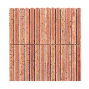 Front view of red travertine rod mosaic tile with rounded vertical strips