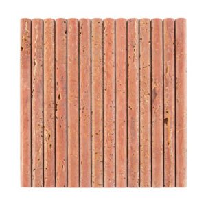 Front view of red travertine rounded bar mosaic tile with vertical linear design