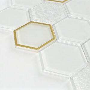 Mosaïque en verre – blanc / doré, hexagonal — BJ-DB186E327A2E