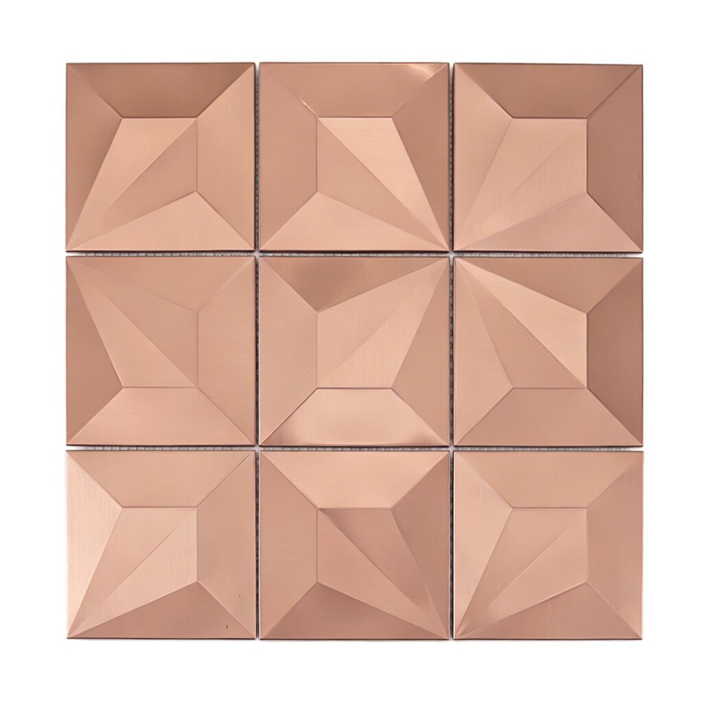 Piastrelle a mosaico in metallo – oro rosa / dorato, quadrato, 3D, spazzolato