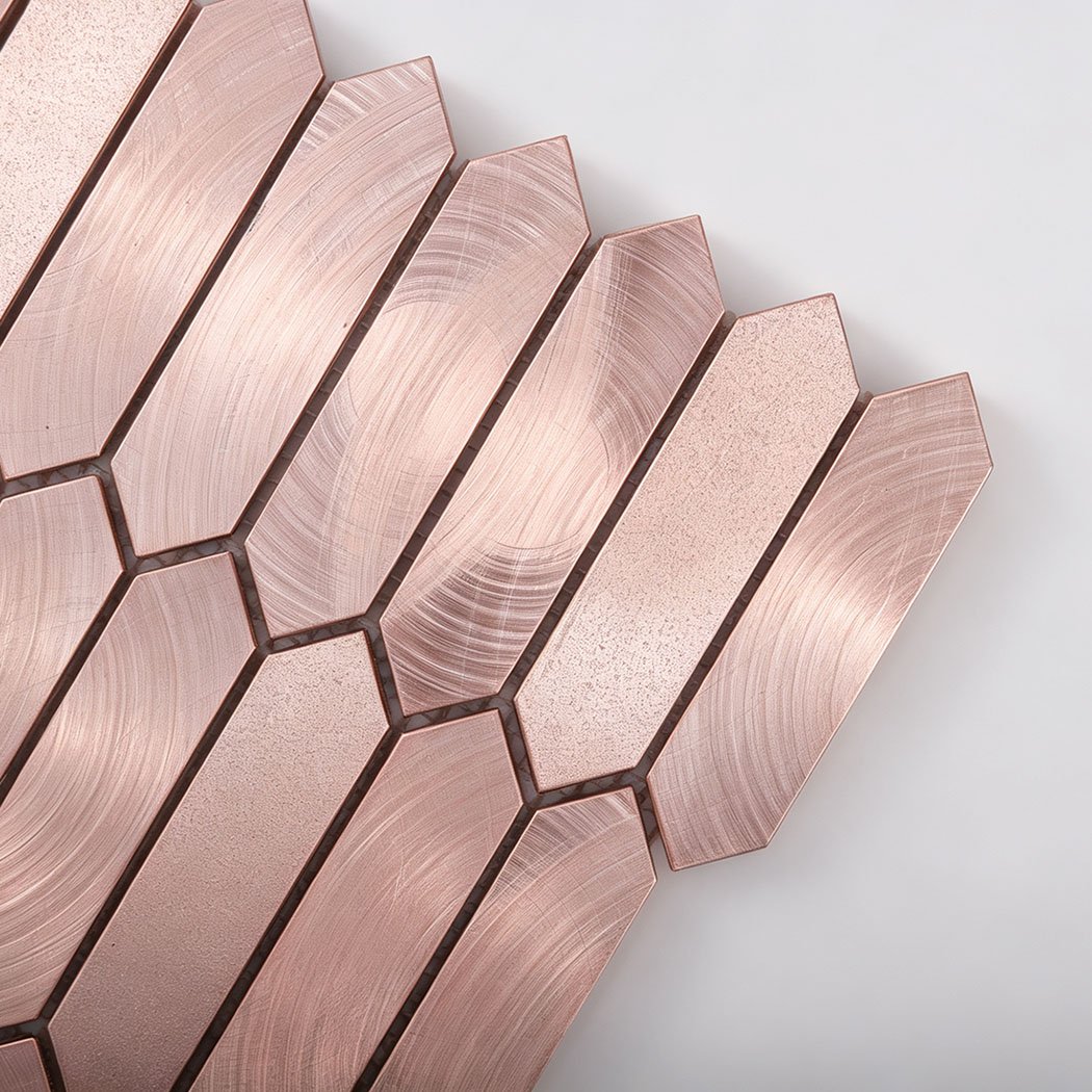 Close up showing corner layout of rose gold aluminum picket mosaic sheet