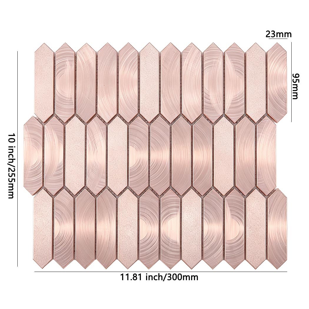 Dimension specs for rose gold aluminum elongated picket mosaic sheet