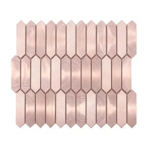 Flat top view of rose gold aluminum elongated picket mosaic sheet