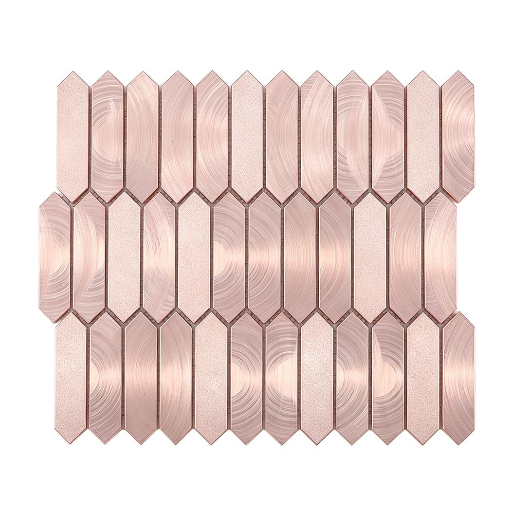 Flat top view of rose gold aluminum elongated picket mosaic sheet