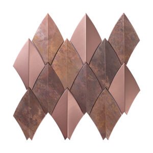 Front view of 3D rose gold and antique copper stainless steel diamond metal mosaic
