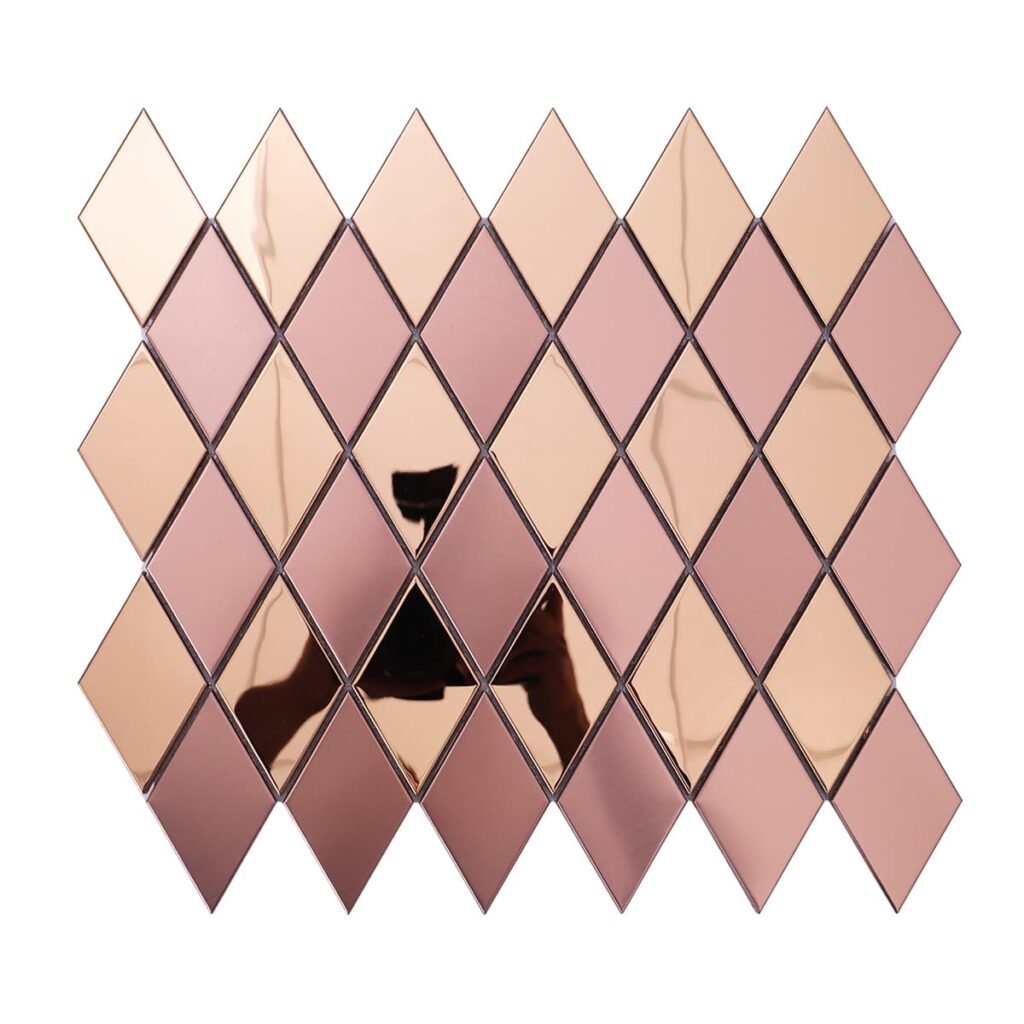 Metallmosaikfliesen – Roségold, Rauten, gebürstet, Spiegeloptik