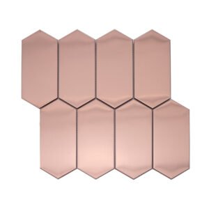 Front view of brushed rose gold elongated hexagon metal mosaic tile.