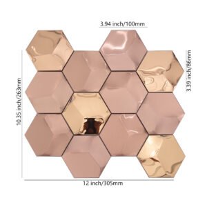 Piastrelle a mosaico in acciaio inossidabile – oro rosa / dorato, esagonale, 3D, spazzolato, a specchio