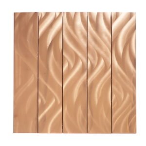 Full view of rose gold stainless steel vertical wave mosaic tile sheet.