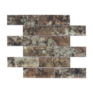 Rust brown crackle glass subway mosaic in staggered brick layout
